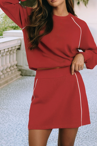 Contrast Piping Crewneck Pullover Mini Skirt Set